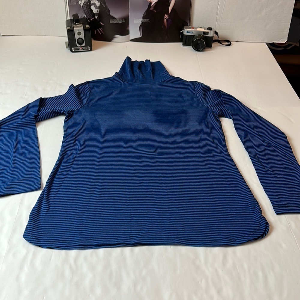 Talbots 100% Cotton Blue Black Striped Turtleneck Top Medium Preppy